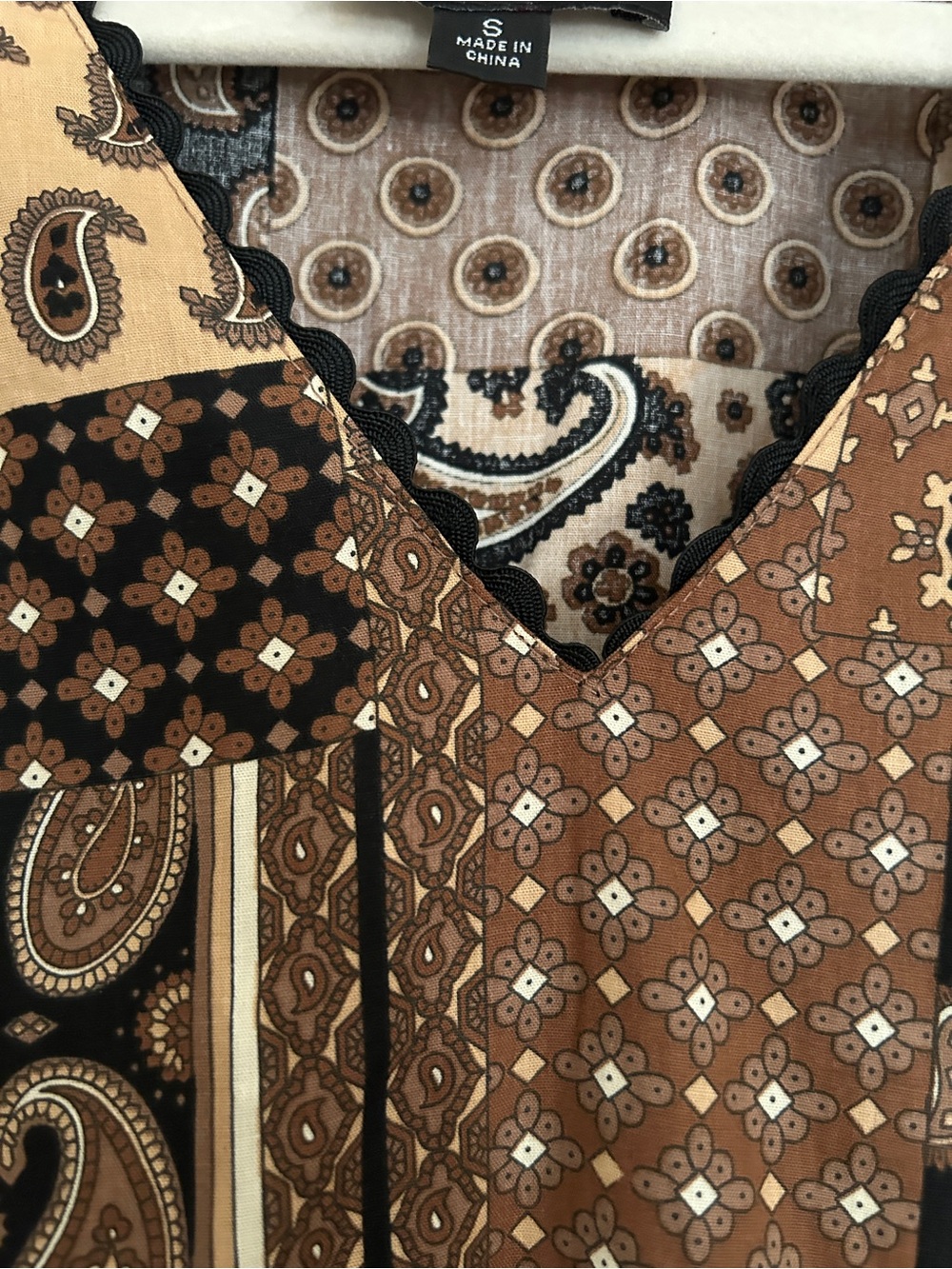 Patchwork Paisley Mini Dress in Brown and Black - Picture 4 of 9
